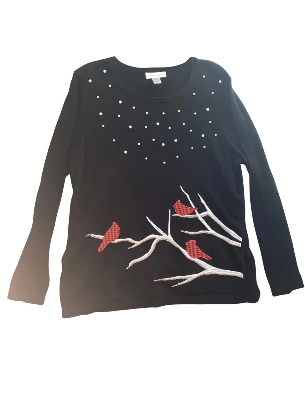 Christopher & Banks XL Cardinal Bird Sweater Black Embroidered Plaid Christmas